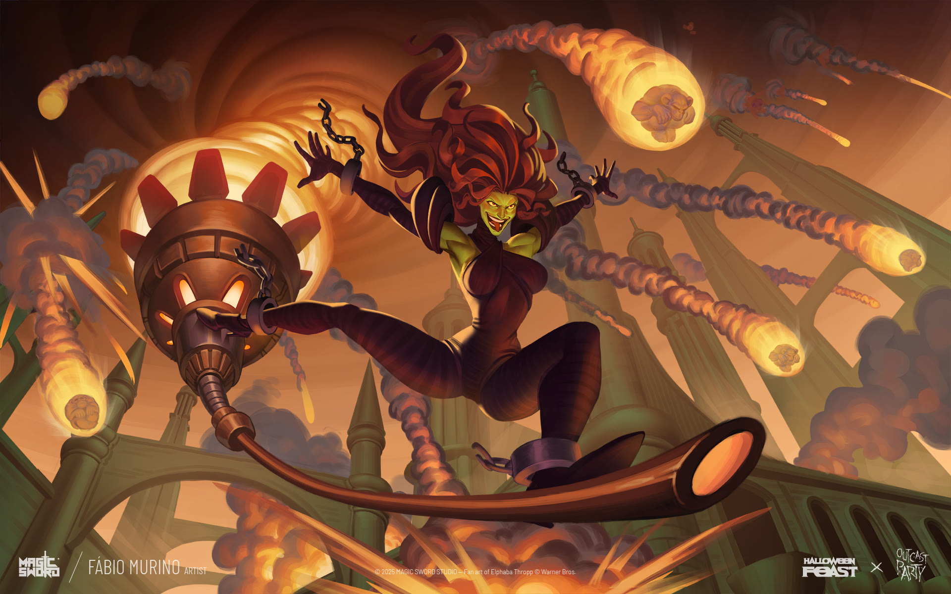 Elphaba Thropp from Wicked, fan art trading card illustrated by Fábio Murino for Halloween Feast 2025: Outcast Party by Magic Sword Studio